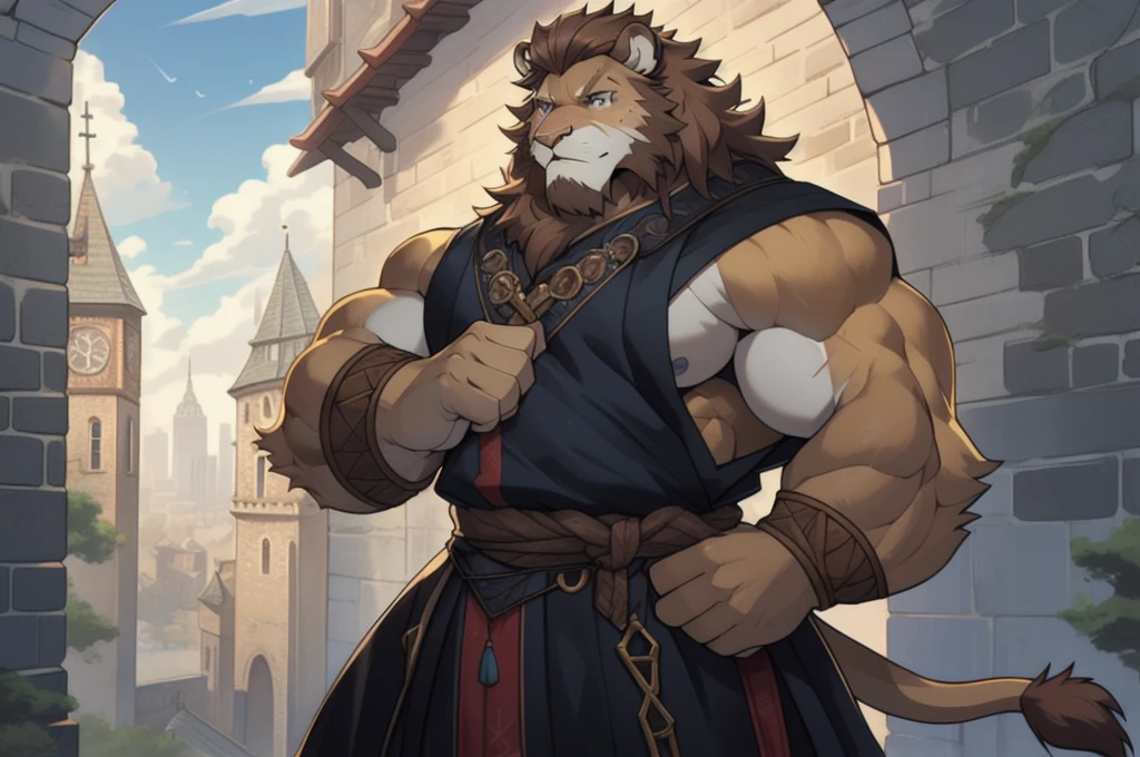 Male, solo, lion, (golden fur), blue eyes, (brown hair, short hair), (cheek scar, old scar), (detailed face, detailed eyes, detailed), mature male, olde male, muscular male, masterpiece, best quality, standing, city, kimgdom, medieval clothes, standing, hypermuscle