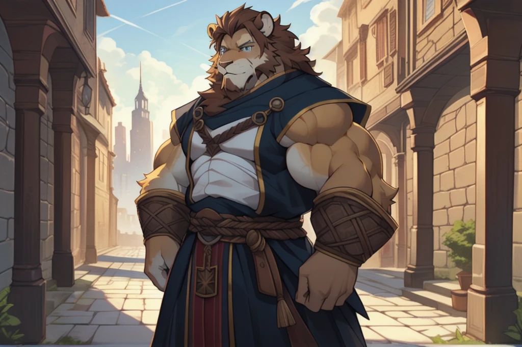 Male, solo, lion, (golden fur), blue eyes, (brown hair, short hair), (cheek scar, old scar), (detailed face, detailed eyes, detailed), mature male, olde male, muscular male, masterpiece, best quality,  standing, city, kimgdom, medieval clothes, standing, hypermuscle