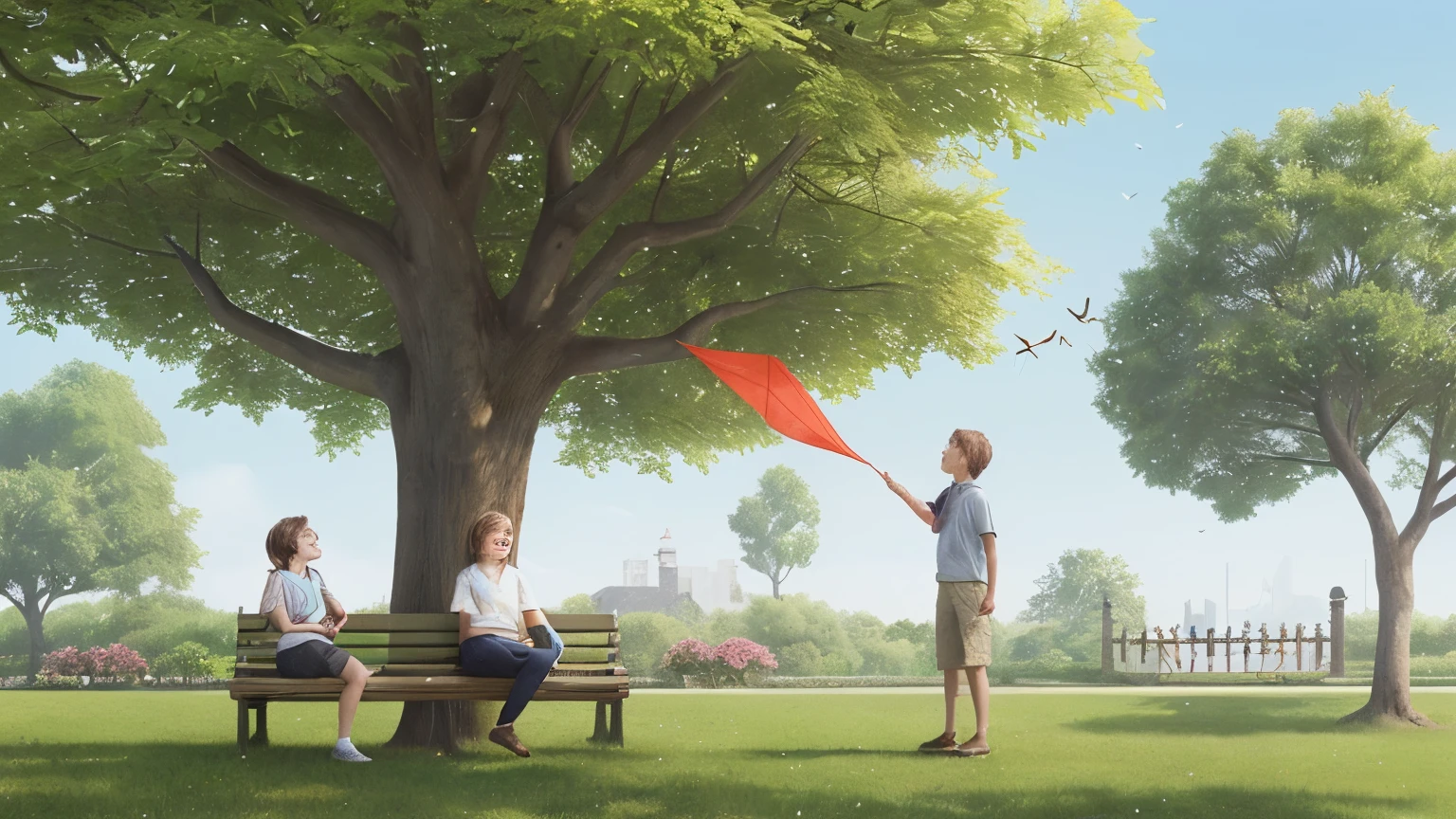 Illustrate a scene from the story "The Lost Kite." The scene should capture the moment when Alex and Lucy, with the help of the park gardener, are working together to retrieve Alex's kite from the tall tree. The kite is stuck high in the branches of a leafy tree, swaying gently in the breeze. Alex, a young boy, is looking up at the kite, with a hopeful expression on his face. Lucy, a friendly girl, is standing beside Alex, pointing towards the kite, and offering her support.

The park gardener, an older and kind-looking man, is holding a long ladder against the tree, preparing to climb up to reach the kite. In the background, the park is depicted with lush green grass, flowers, and other trees, creating a cheerful and inviting atmosphere. A nearby bench where Alex was initially sitting should be visible, and some children can be seen playing in the distance.

Capture the expressions of cooperation and kindness on the faces of Alex, Lucy, and the gardener, highlighting the teamwork and friendly assistance that brought about a happy resolution to the situation.