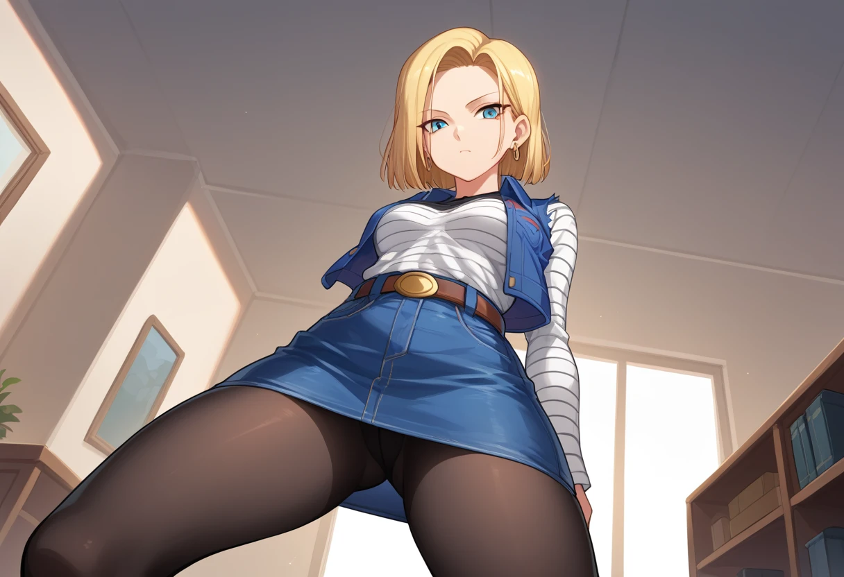score_9,score_8_up,score_7_up,score_9,score_8_up,score_8,ultra detailed,beautiful face,highres BREAK Android18SDXL,1girl,solo,short hair,blue eyes,skirt,blonde hair,jewelry,jacket,pantyhose,earrings,belt,vest,denim,denim skirt,android 18,room,room background,from below,looking at viewer,
