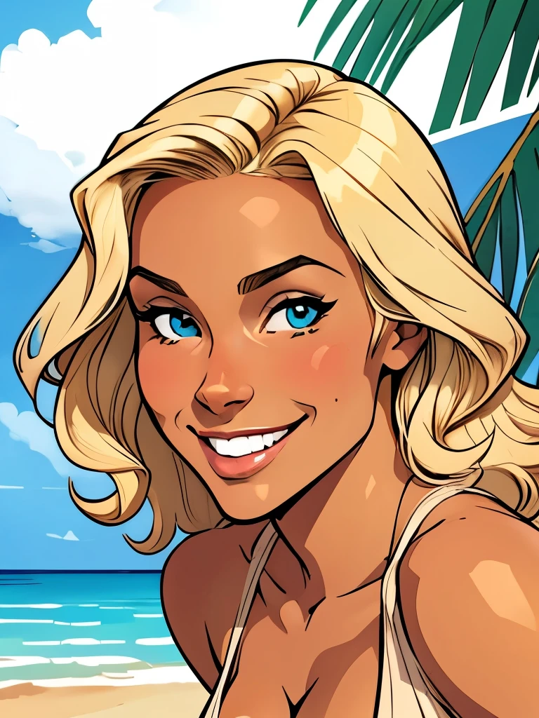 Flat colors, close up, full medium shot of  of an ultra hot gorgeous European woman. Age 23.smile. surfer looking girl, tan skin, blonde salty hair, natural beaty, beautiful, casual, small   ((([topless, perfect perky breast, perfect small perky nipples])))