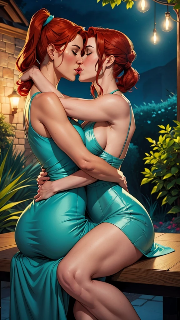 A girl in an elegant turquoise dress is sitting on a table. she has pigtails and red hair. Busty. A garden at night. Comic style. Hd image. Marvel comics. Front pose. she is hugging and kissing another woman sensually. they kiss passionately