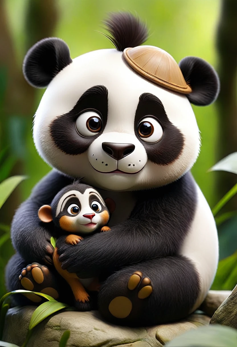 Panda named Pipo in a jungle adventure discovers a little monkey (little monkey)