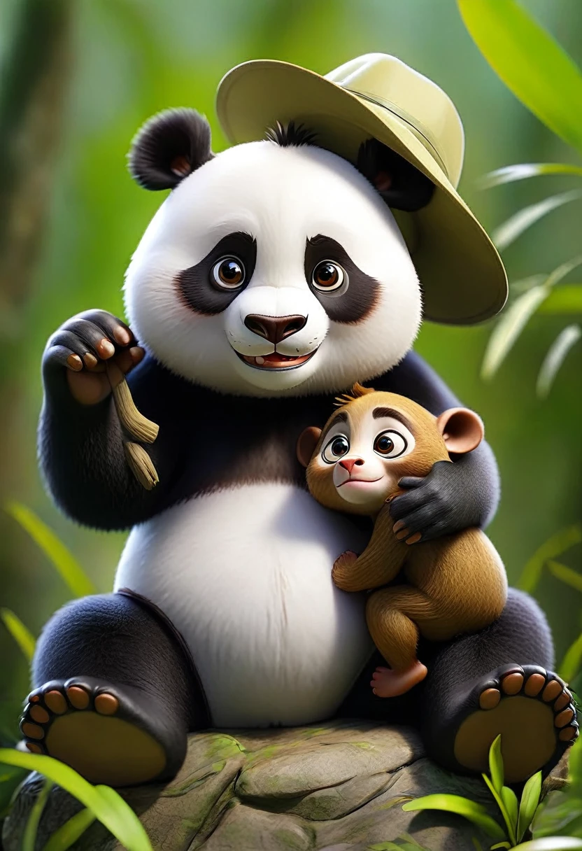 Panda named Pipo in a jungle adventure discovers a little monkey (little monkey) 