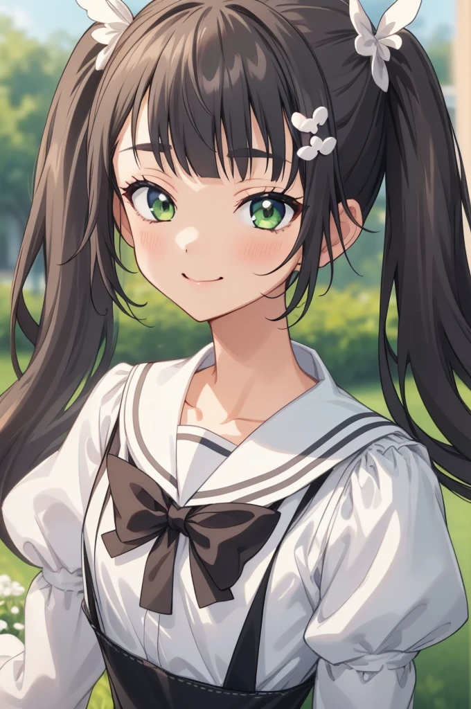 ((masterpiece)),(best quality),official art,extremely delicate and beautiful,extremely detailed CG,unity 8k wallpaper,ultra detailed,beautiful detailed eyes,extremely detailed face,outdoors,1girl,solo,upper body,(portrait:1.5),looking at viewer,facing viewer,smile,(petite:1.2),Komari Azuma,very long hair,black hair,twintails,hair flower,white flower,wing hair ornament,hairclip,sidelocks,blunt bangs,green eyes,,white sailor collar,black bowtie,white shirt,long sleeves,small breasts,animal bag,miniskirt,black skirt,suspender skirt,frilled skirt,white socks,frilled socks,mary janes,black footwear,