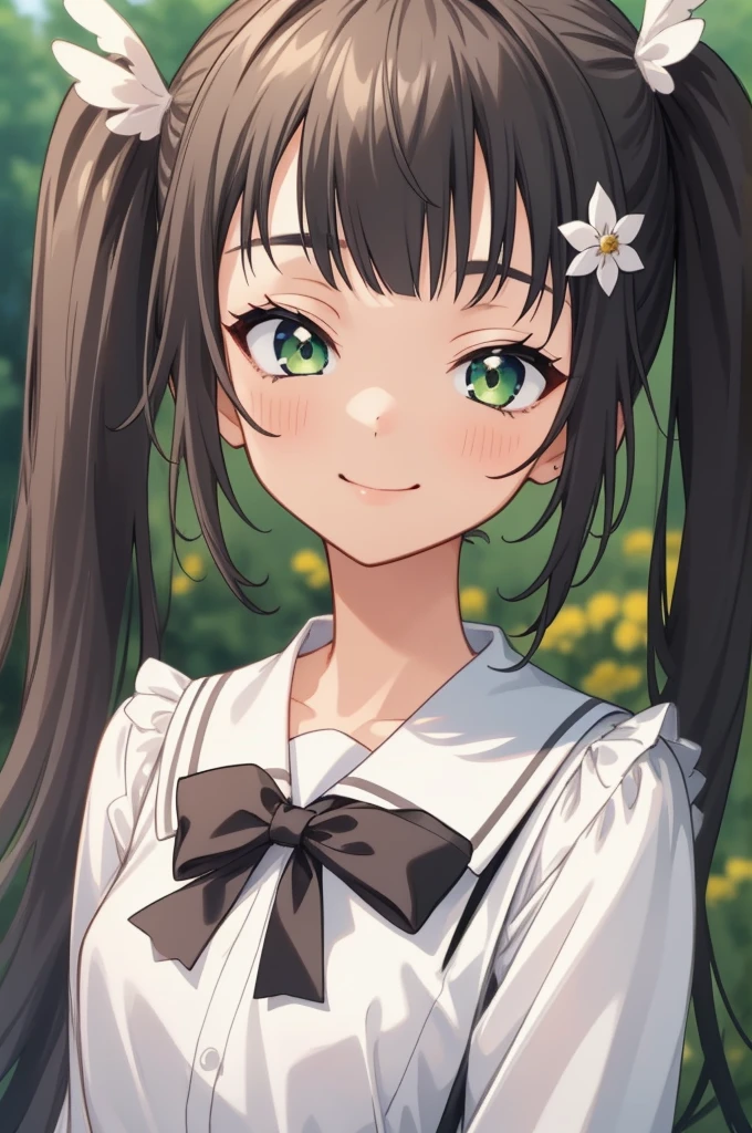 ((masterpiece)),(best quality),official art,extremely delicate and beautiful,extremely detailed CG,unity 8k wallpaper,ultra detailed,beautiful detailed eyes,extremely detailed face,outdoors,1girl,solo,upper body,(portrait:1.5),looking at viewer,facing viewer,smile,(petite:1.2),Komari Azuma,very long hair,black hair,twintails,hair flower,white flower,wing hair ornament,hairclip,sidelocks,blunt bangs,green eyes,,white sailor collar,black bowtie,white shirt,long sleeves,small breasts,animal bag,miniskirt,black skirt,suspender skirt,frilled skirt,white socks,frilled socks,mary janes,black footwear,