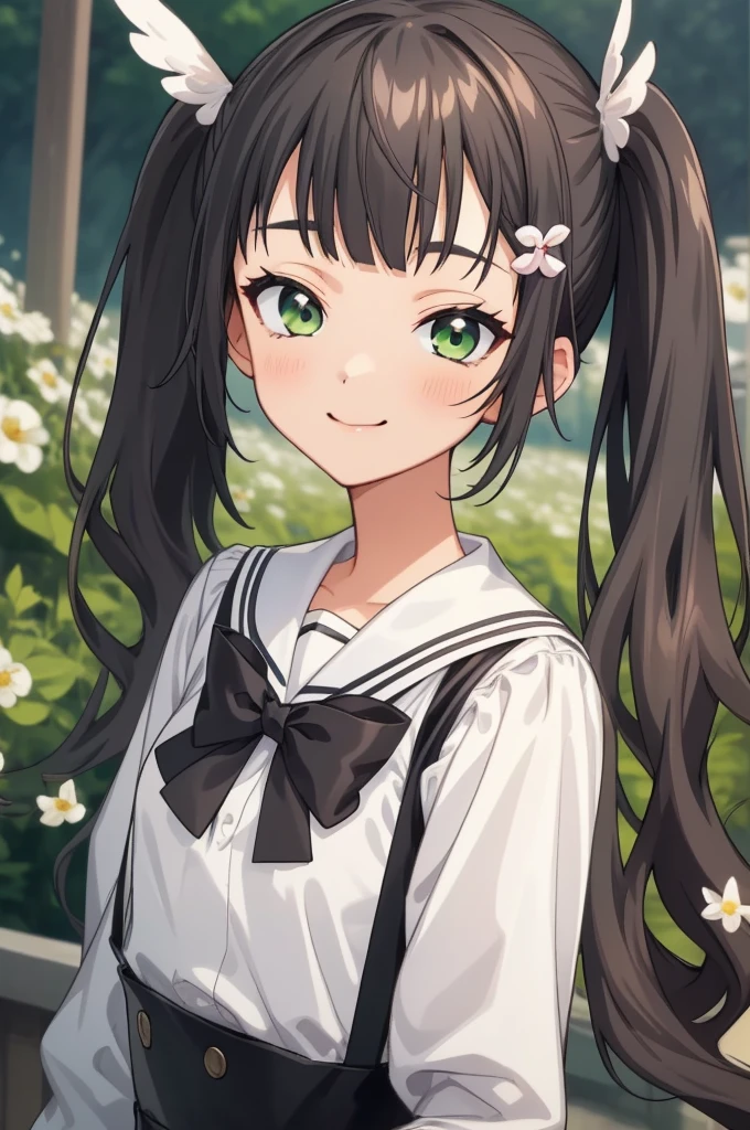 ((masterpiece)),(best quality),official art,extremely delicate and beautiful,extremely detailed CG,unity 8k wallpaper,ultra detailed,beautiful detailed eyes,extremely detailed face,outdoors,1girl,solo,upper body,(portrait:1.5),looking at viewer,facing viewer,smile,(petite:1.2),Komari Azuma,very long hair,black hair,twintails,hair flower,white flower,wing hair ornament,hairclip,sidelocks,blunt bangs,green eyes,,white sailor collar,black bowtie,white shirt,long sleeves,small breasts,animal bag,miniskirt,black skirt,suspender skirt,frilled skirt,white socks,frilled socks,mary janes,black footwear,