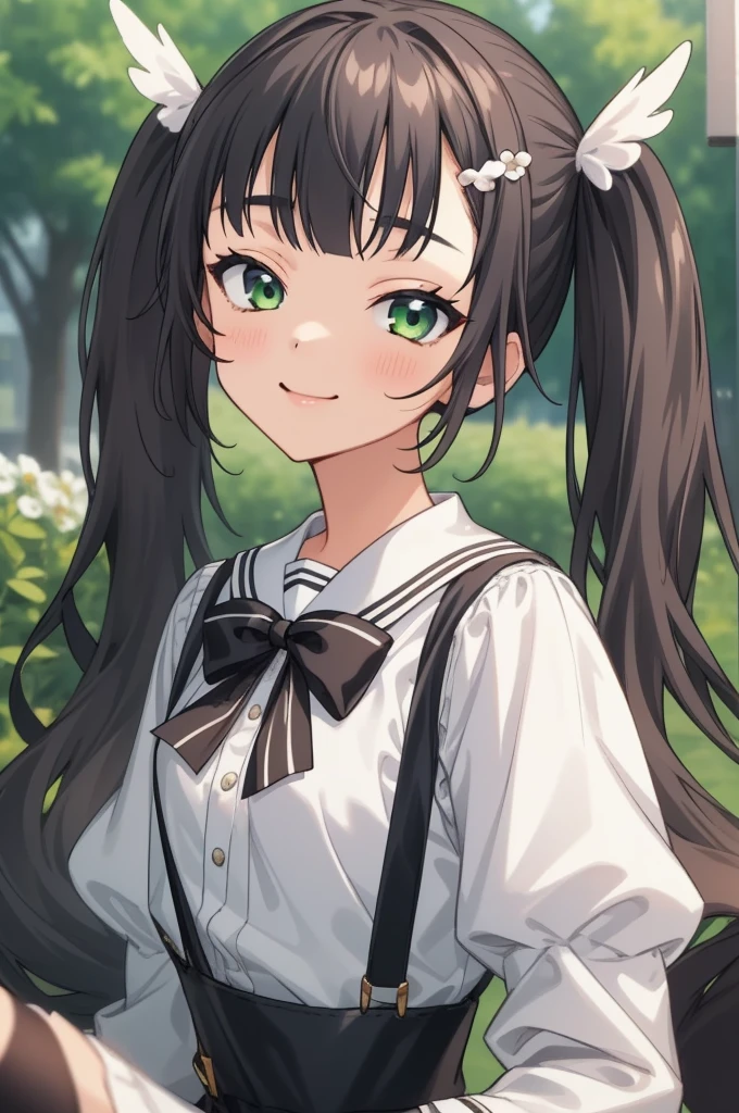 ((masterpiece)),(best quality),official art,extremely delicate and beautiful,extremely detailed CG,unity 8k wallpaper,ultra detailed,beautiful detailed eyes,extremely detailed face,outdoors,1girl,solo,upper body,(portrait:1.5),looking at viewer,facing viewer,smile,(petite:1.2),Komari Azuma,very long hair,black hair,twintails,hair flower,white flower,wing hair ornament,hairclip,sidelocks,blunt bangs,green eyes,,white sailor collar,black bowtie,white shirt,long sleeves,small breasts,animal bag,miniskirt,black skirt,suspender skirt,frilled skirt,white socks,frilled socks,mary janes,black footwear,