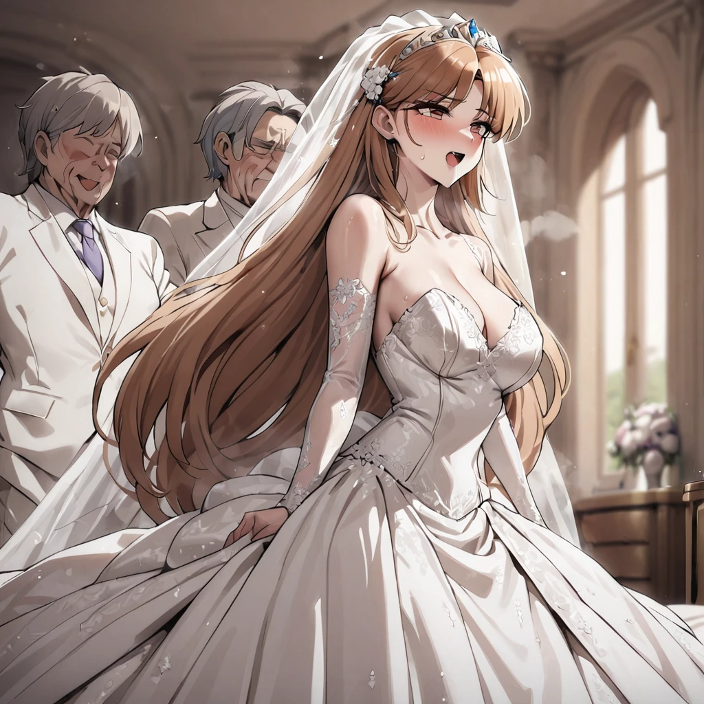 ((Highest quality)), ((masterpiece)), (detailed), (Perfect Face)、The woman was Princess Leona, with long light brown hair and a gorgeous, glittering wedding dress and wedding veil.、On a luxurious, large bed, a woman is having sex with an old man in a white tuxedo from behind.、The woman has long hair