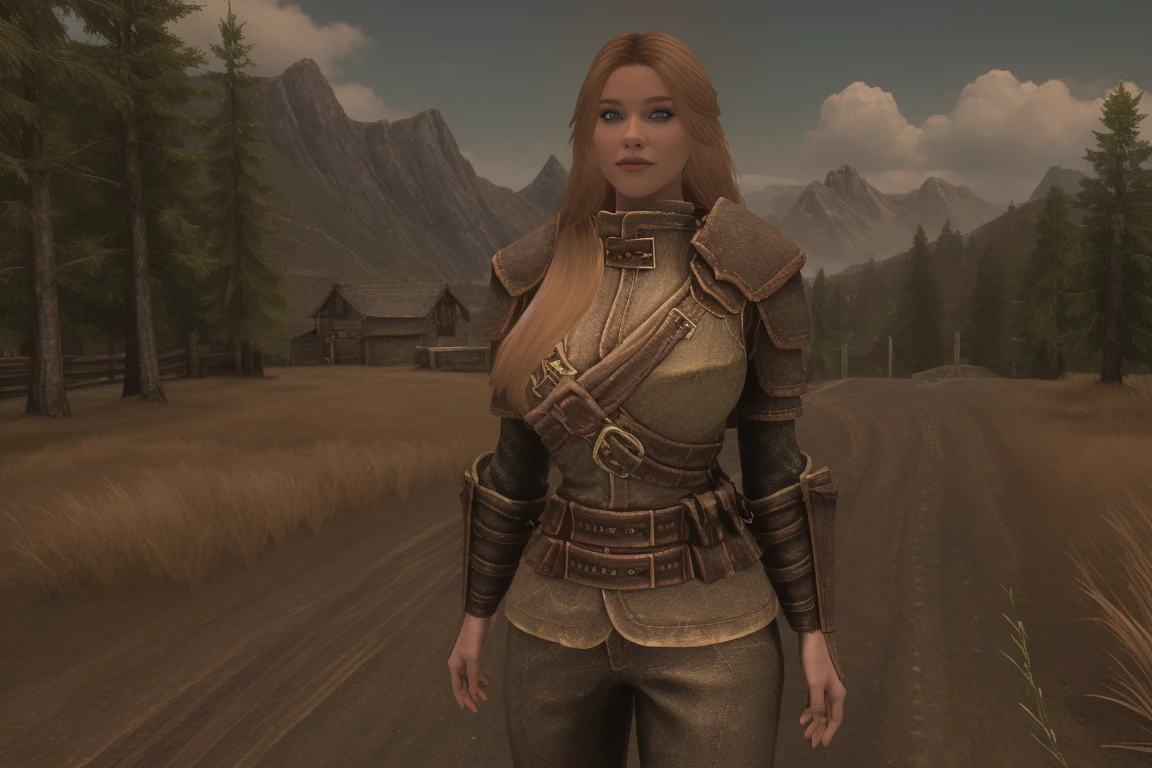 female breton stands in a sun-kissed Skyrim landscape on a warm summer day. Her chiseled torso, bare and unadorned, glistens with dew as she wears only armor long pants, her chest gleaming like polished obsidian. A long blonde hair and intense gaze complete the imposing figure, set against a backdrop of lush greenery and soaring mountains.