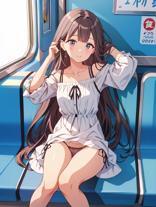 Mini dress、Straight Long Hair ,sitting in a train seat,  Tuck your hair behind your ears、front、Border Panties, High heels、Highest quality、Daytime