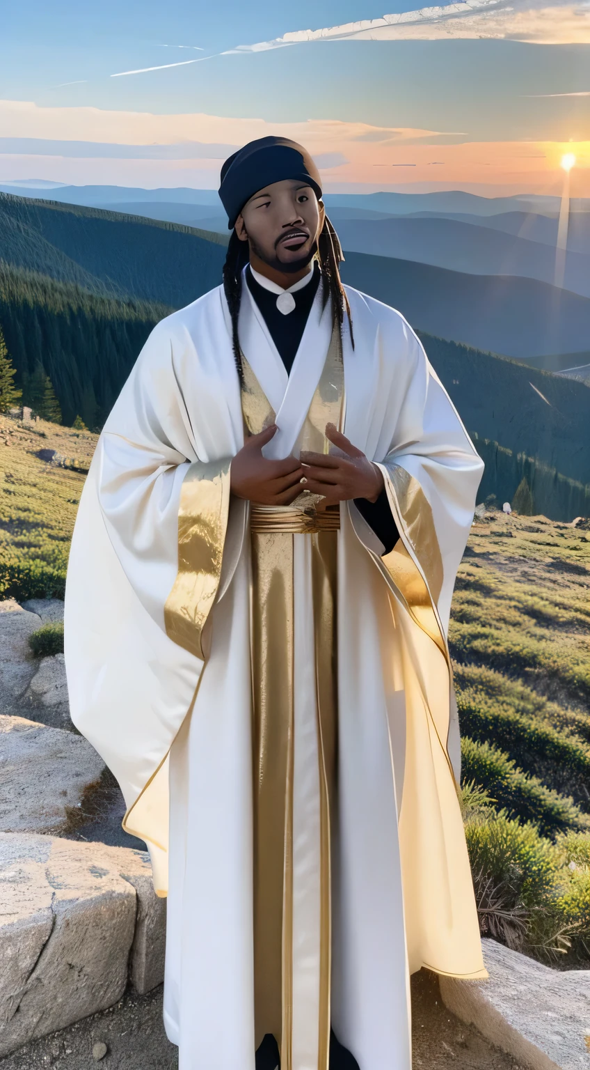 Create an image of rapper Future depicted as a biblical prophet on a mountaintop, wearing flowing robes, with light shining down upon him, in a holy and divine setting.