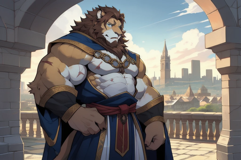 Male, solo, lion, (golden fur), blue eyes, (brown hair, short hair), (cheek scar, old scar), (detailed face, detailed eyes, detailed), king, mature male, olde male, muscular male, masterpiece, best quality, standing, city, kimgdom, medieval king clothes, standing, hypermuscle