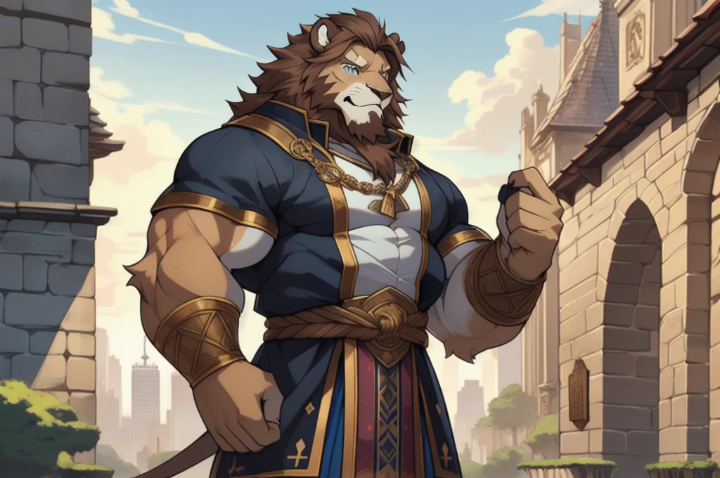Male, solo, lion, (golden fur), blue eyes, (brown hair, short hair), (cheek scar, old scar), (detailed face, detailed eyes, detailed), king, mature male, olde male, muscular male, masterpiece, best quality, standing, city, kimgdom, medieval king clothes, standing, hypermuscle
