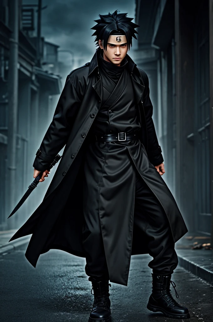 Make an anime image of a ninja wearing a black trench coat in the style of Naruto