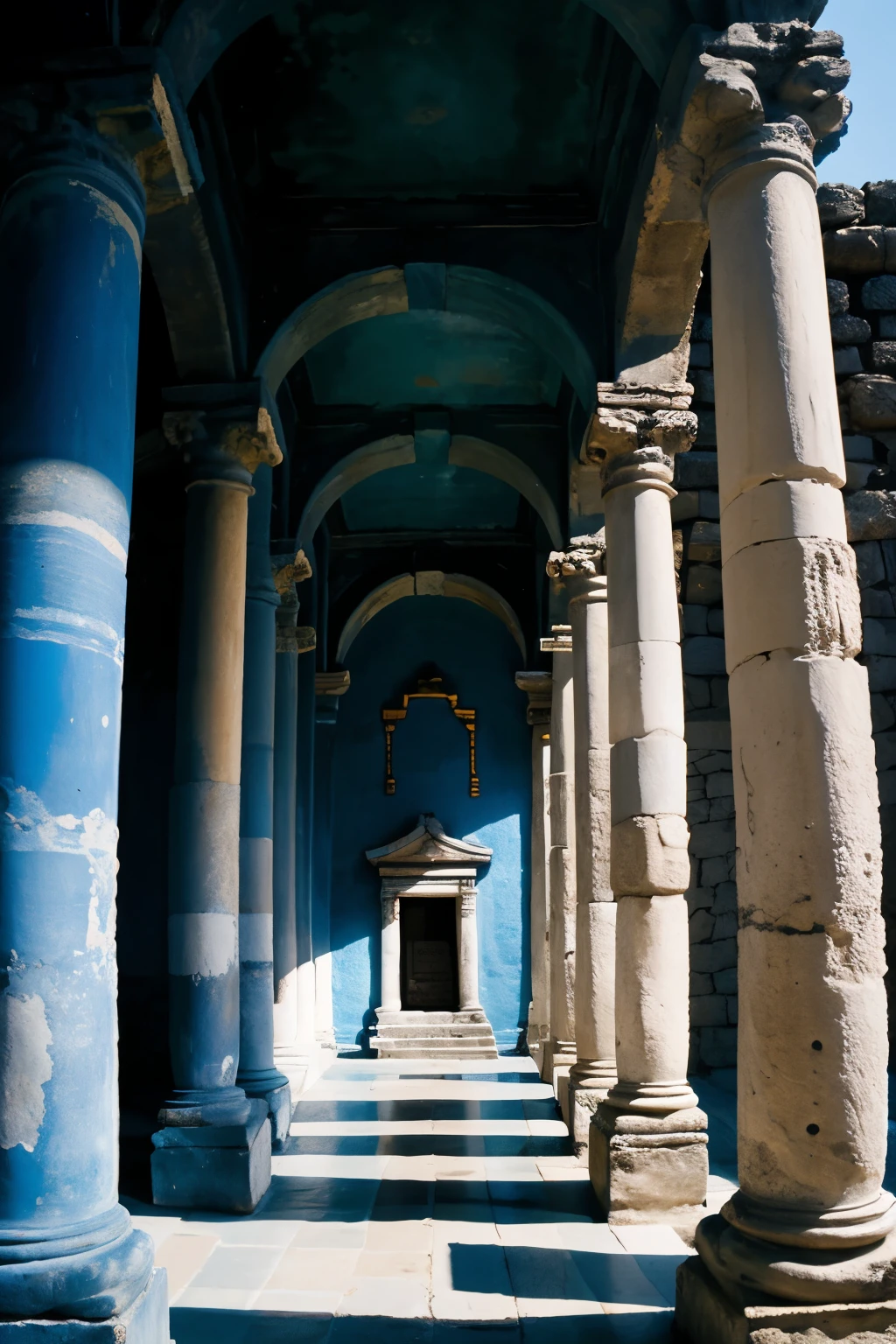apolo temple in colors blue of form melanholic and sad 

