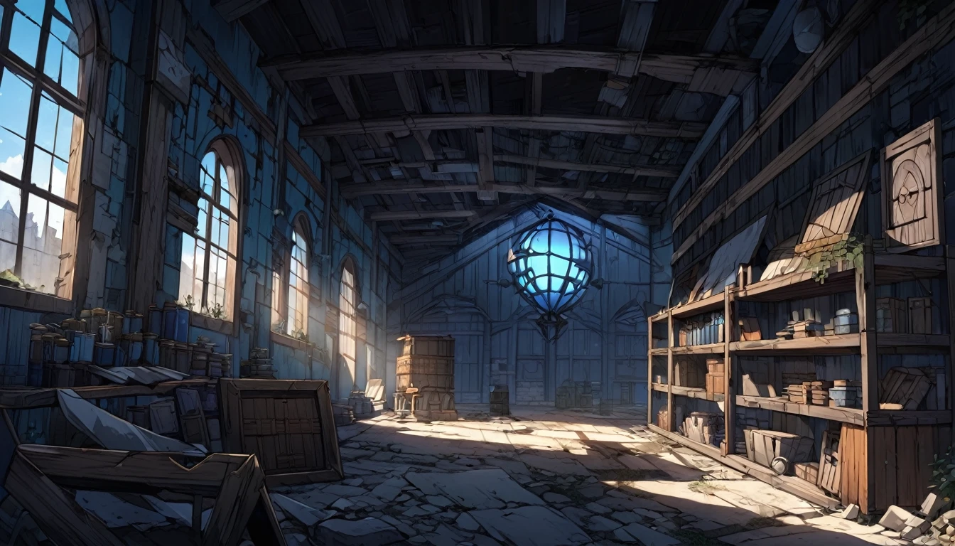 Lost abandoned place, interior, dark fantasy, blue night, fullmoon, anime style, workshop