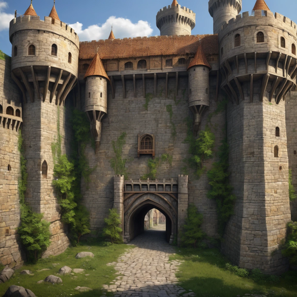 (best quality)), ((masterpiece)), ((realistic,digital art)), (super detailed), (gigantic fortified wall), (medieval fantasy style), front view