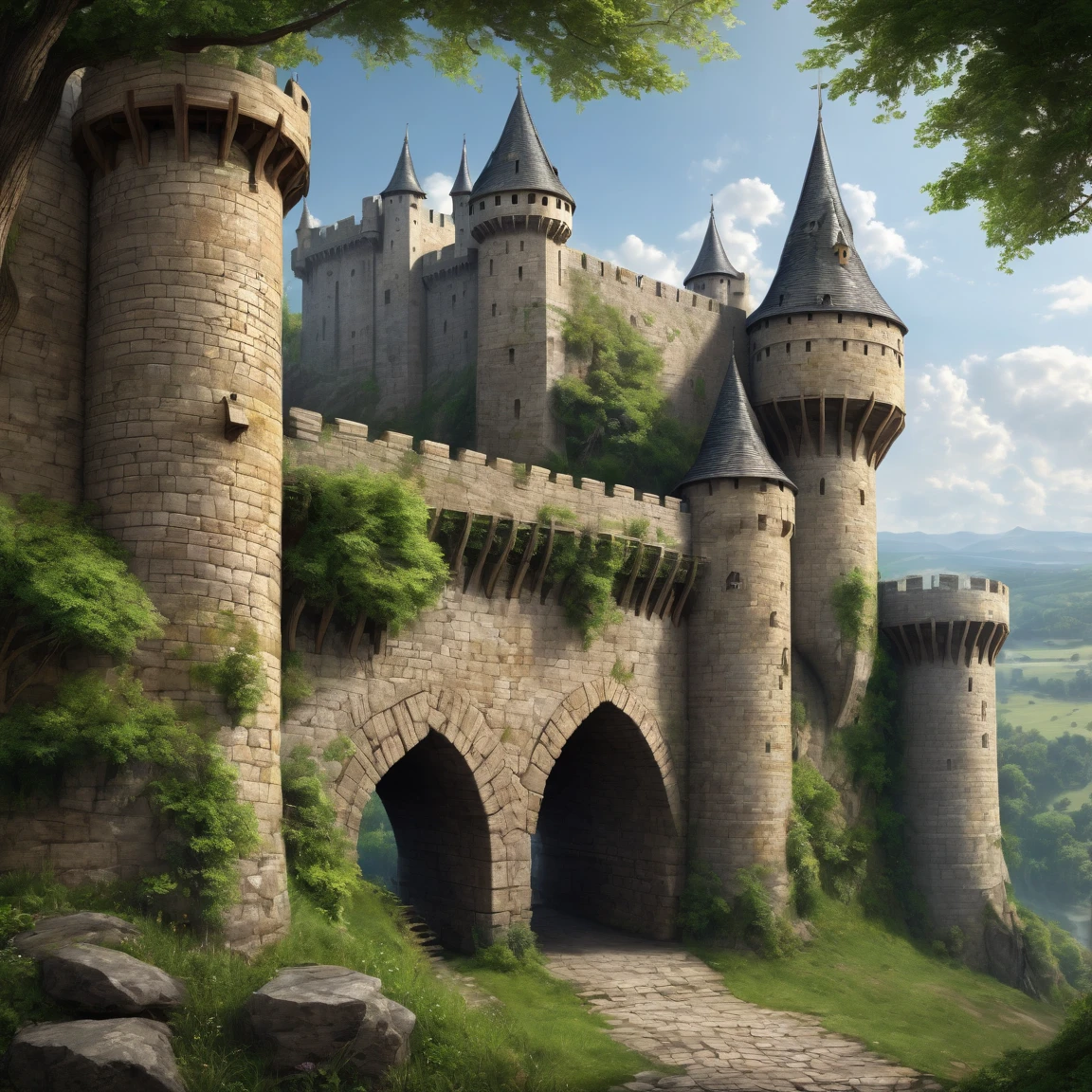 (best quality)), ((masterpiece)), ((realistic,digital art)), (super detailed), (gigantic fortified wall), (medieval fantasy style), front view