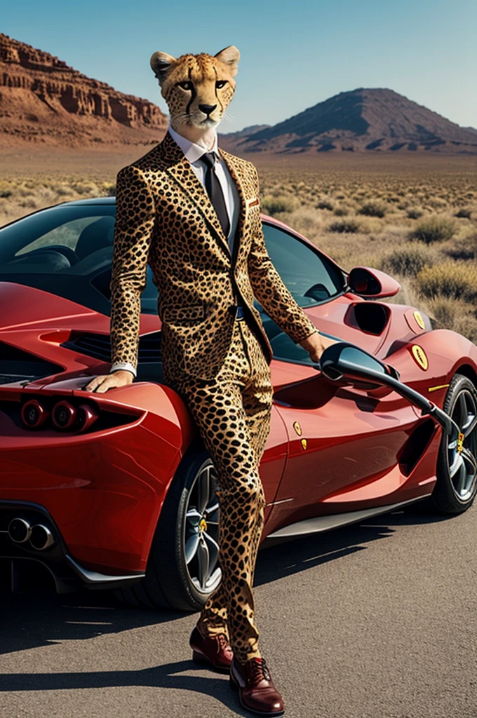 Create an image of a cheetah wearing a luxury suit with a human body and next to a Ferrari