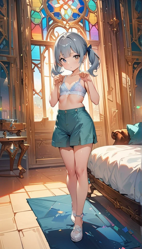 (masterpiece:1.8),(Highest quality:1.8),(Very detailed:1.8),(8k:1.8),(Ultra-fine Illustration:1.5),,,Straight low twintail,Flat Chest,Small Ass,(High-grade metallic silver,,lingerie:1.4),(Prayer Pose:1.5),Vintage sofa,,(Full body angle), Stained glass, Rainbow Gradient, Foundation, (bra:1.3), (lingerie,culottes:1.3),