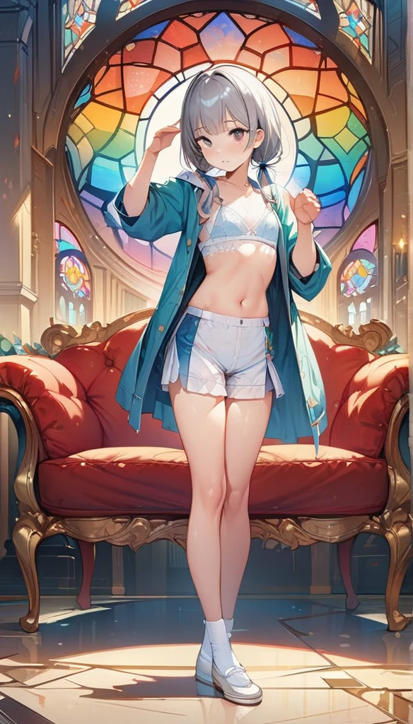 (masterpiece:1.8),(Highest quality:1.8),(Very detailed:1.8),(8k:1.8),(Ultra-fine Illustration:1.5),,,Straight low twintail,Flat Chest,Small Ass,(High-grade metallic silver,,lingerie:1.4),(Prayer Pose:1.5),Vintage sofa,,(Full body angle), Stained glass, Rainbow Gradient, Foundation, (bra:1.3), (lingerie,culottes:1.3),