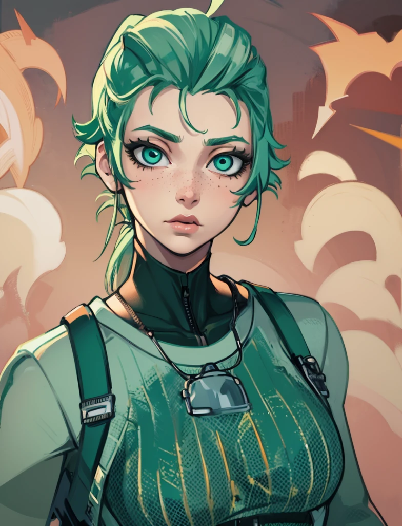 Masterpiece, best quality, college student, centered in frame, portrait, female, pale skin, stressed expression, stethoscope, busty, smoking cigarette, eye bags, nervous, peach lips, ponytail, pastel green hair, couch landscape, green eyes, paramedic uniform, green freckles, beautiful,