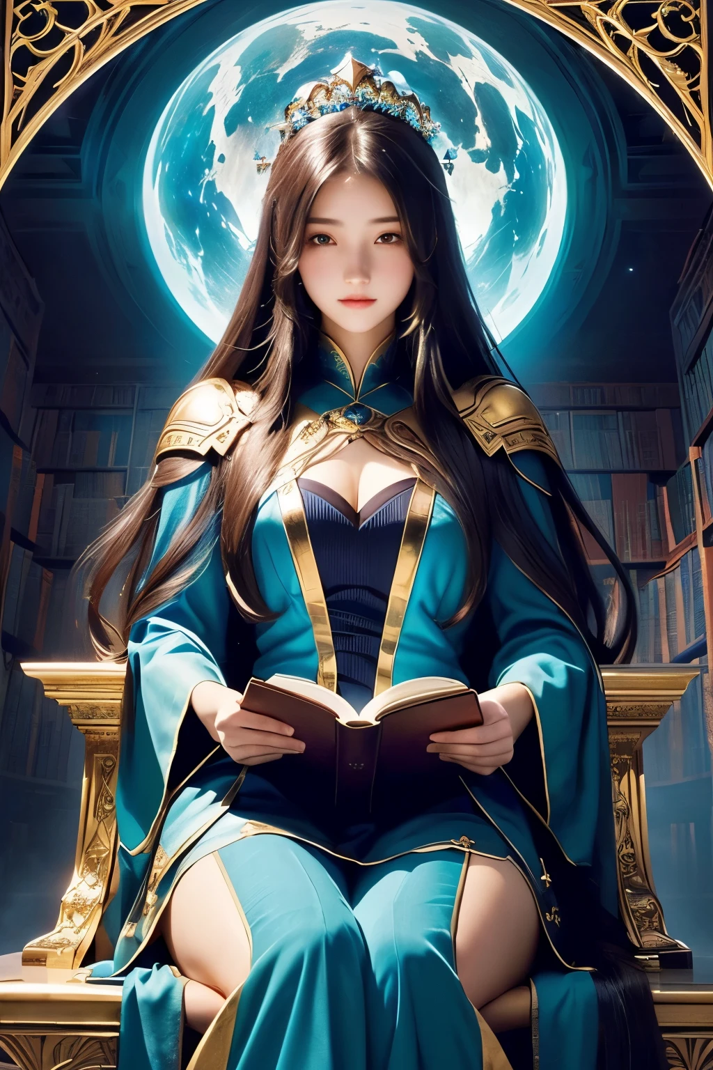 Girl with long hair holding a book in hands, Infinite Celestial Library, great view, Epic Light Novel Art Cover, Magic realism and dark fantasy, A throne lies in a fantasy land