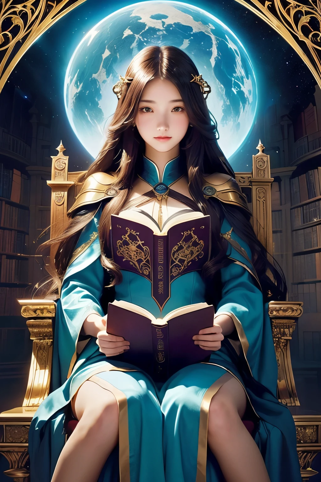 Girl with long hair holding a book in hands, Infinite Celestial Library, great view, Epic Light Novel Art Cover, Magic realism and dark fantasy, A throne lies in a fantasy land