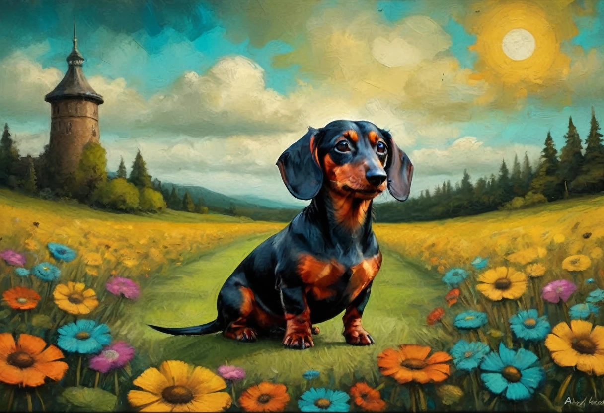 [front view] funny flyer Dachshund  stimpunk ( stile by Andy-Kehoe), very colorful, ((oil painting palette knife)), ((masterpiece)), extreme detail, perspective, 8k