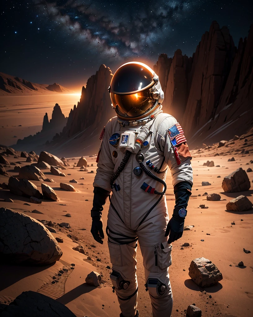 Create a painting of two astronauts on Mars at night, visibly alarmed and in shock because one of their companions has disappeared. They are shining their flashlights around, searching the rocky terrain with fear and anxiety. The Martian landscape is very rocky, with an abundance of stones and boulders scattered around. The sky is dark, filled with stars, and the reddish hue of Mars' surface contrasts with the cold, dark night. The scene should convey a sense of suspense and tension, as if something is hunting them. The astronauts' body language and expressions should reflect their fear and urgency, adding to the overall dramatic and eerie atmosphere.