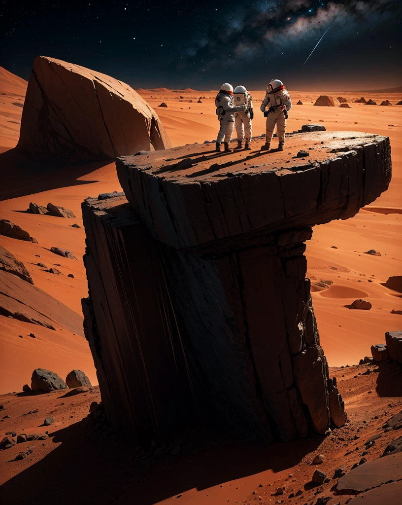 Create a painting of two astronauts on Mars at night, visibly alarmed and in shock because one of their companions has disappeared. They are shining their flashlights around, searching the rocky terrain with fear and anxiety. The Martian landscape is very rocky, with an abundance of stones and boulders scattered around. The sky is dark, filled with stars, and the reddish hue of Mars' surface contrasts with the cold, dark night. The scene should convey a sense of suspense and tension, as if something is hunting them. The astronauts' body language and expressions should reflect their fear and urgency, adding to the overall dramatic and eerie atmosphere.