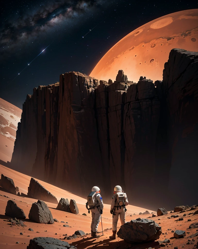 Create a painting of two astronauts on Mars at night, visibly alarmed and in shock because one of their companions has disappeared. They are shining their flashlights around, searching the rocky terrain with fear and anxiety. The Martian landscape is very rocky, with an abundance of stones and boulders scattered around. The sky is dark, filled with stars, and the reddish hue of Mars' surface contrasts with the cold, dark night. The scene should convey a sense of suspense and tension, as if something is hunting them. The astronauts' body language and expressions should reflect their fear and urgency, adding to the overall dramatic and eerie atmosphere.