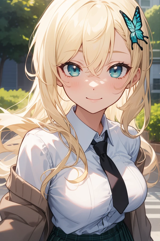 ((masterpiece)),(best quality),official art,extremely delicate and beautiful,extremely detailed CG,unity 8k wallpaper,ultra detailed,beautiful detailed eyes,extremely detailed face,outdoors,1girl,solo,upper body,(portrait:1.5),looking at viewer,facing viewer,smile,Kashiwazaki Sena,very long hair,blonde hair,butterfly hair ornament,hair between eyes,parted bangs,aqua eyes,st. chronica academy ,grey cardigan,black necktie,collared shirt,white shirt,large breasts,skindentation,miniskirt,green skirt,plaid skirt,pleated skirt,frilled skirt,black socks,loafers,