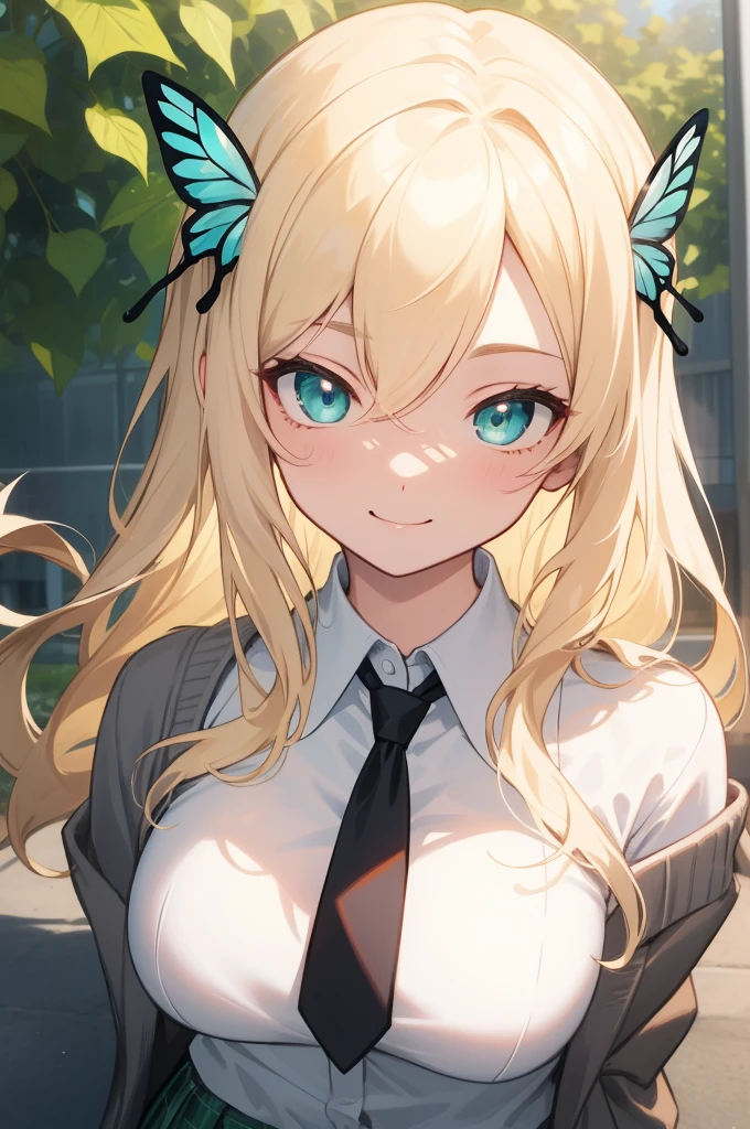 ((masterpiece)),(best quality),official art,extremely delicate and beautiful,extremely detailed CG,unity 8k wallpaper,ultra detailed,beautiful detailed eyes,extremely detailed face,outdoors,1girl,solo,upper body,(portrait:1.5),looking at viewer,facing viewer,smile,Kashiwazaki Sena,very long hair,blonde hair,butterfly hair ornament,hair between eyes,parted bangs,aqua eyes,st. chronica academy ,grey cardigan,black necktie,collared shirt,white shirt,large breasts,skindentation,miniskirt,green skirt,plaid skirt,pleated skirt,frilled skirt,black socks,loafers,