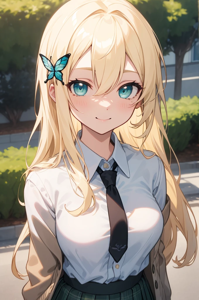 ((masterpiece)),(best quality),official art,extremely delicate and beautiful,extremely detailed CG,unity 8k wallpaper,ultra detailed,beautiful detailed eyes,extremely detailed face,outdoors,1girl,solo,upper body,(portrait:1.5),looking at viewer,facing viewer,smile,Kashiwazaki Sena,very long hair,blonde hair,butterfly hair ornament,hair between eyes,parted bangs,aqua eyes,st. chronica academy ,grey cardigan,black necktie,collared shirt,white shirt,large breasts,skindentation,miniskirt,green skirt,plaid skirt,pleated skirt,frilled skirt,black socks,loafers,