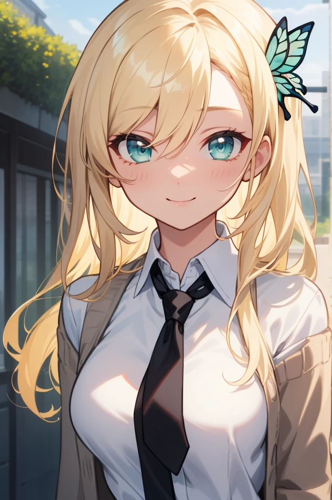 ((masterpiece)),(best quality),official art,extremely delicate and beautiful,extremely detailed CG,unity 8k wallpaper,ultra detailed,beautiful detailed eyes,extremely detailed face,outdoors,1girl,solo,upper body,(portrait:1.5),looking at viewer,facing viewer,smile,Kashiwazaki Sena,very long hair,blonde hair,butterfly hair ornament,hair between eyes,parted bangs,aqua eyes,st. chronica academy ,grey cardigan,black necktie,collared shirt,white shirt,large breasts,skindentation,miniskirt,green skirt,plaid skirt,pleated skirt,frilled skirt,black socks,loafers,