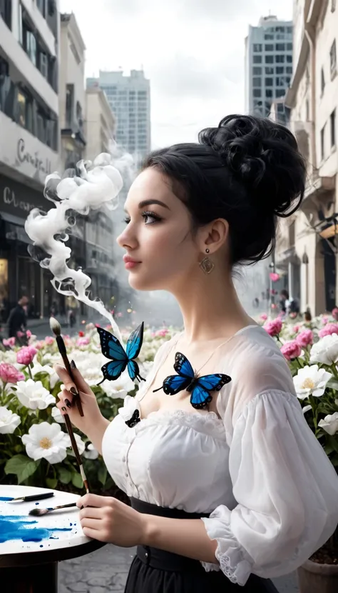 a beautiful young woman karely ruiz, with eyes of emotion and dressed elegantly by flowers and butterflies of smoke, charcoal bl...