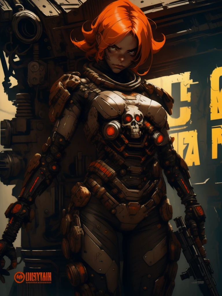 A highly detailed and realistic skull girl,( Anya. Taylor Joy) cyberpunk character, mad max furiosa, one hand robot, cyborg arm, orange hair, dramatic metal heavy rock theme, best quality, 8k, hyperrealistic, photorealistic, extreme detailed painting, studio lighting, vivid colors, dark moody atmosphere, cinematic, dramatic pose, intricate mechanical details, glowing energy effects, intense gritty textures, seamless integration of organic and inorganic elements. Wearing the used clothes of a wastelander. Background: An apocalyptic wasteland. Dusty and depressing.