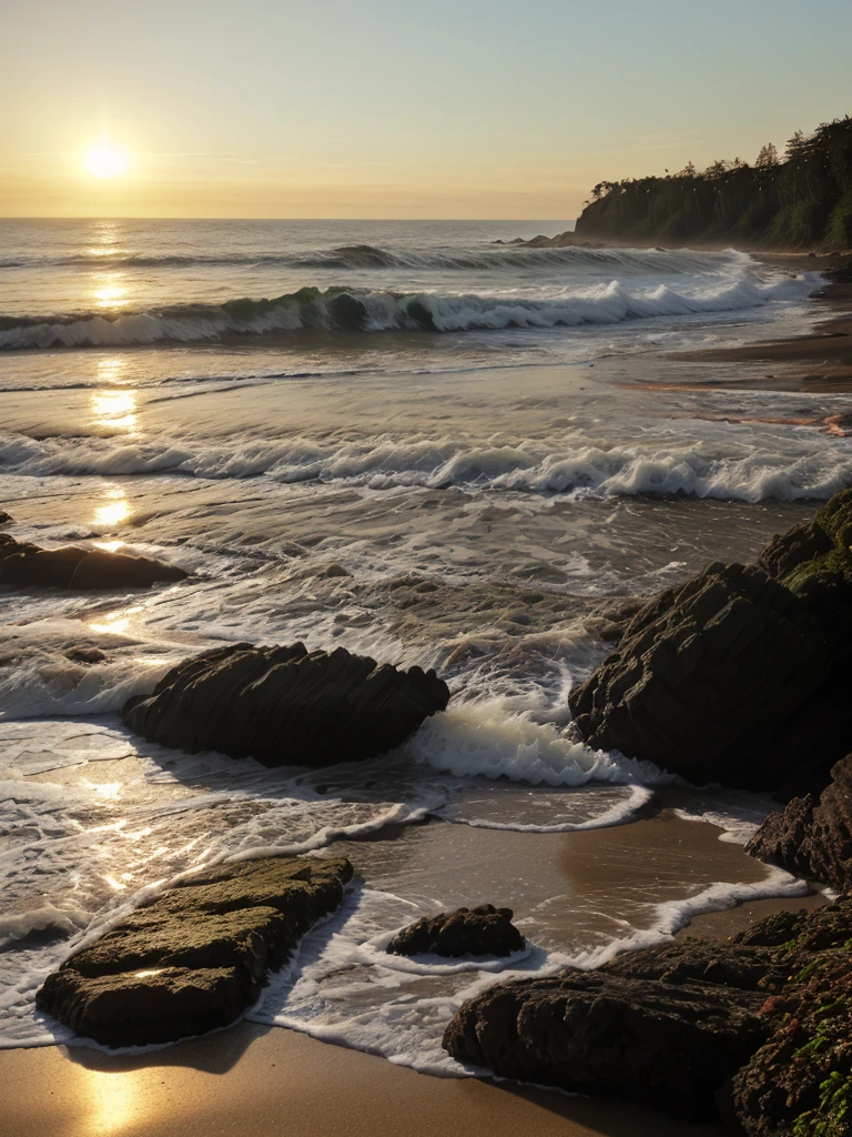 Sunrise on beach with waves on sea and forest behind