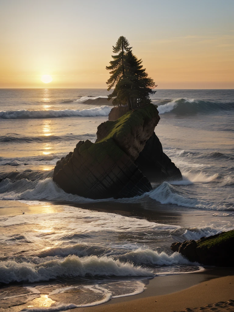 Sunrise on beach with waves on sea and forest behind