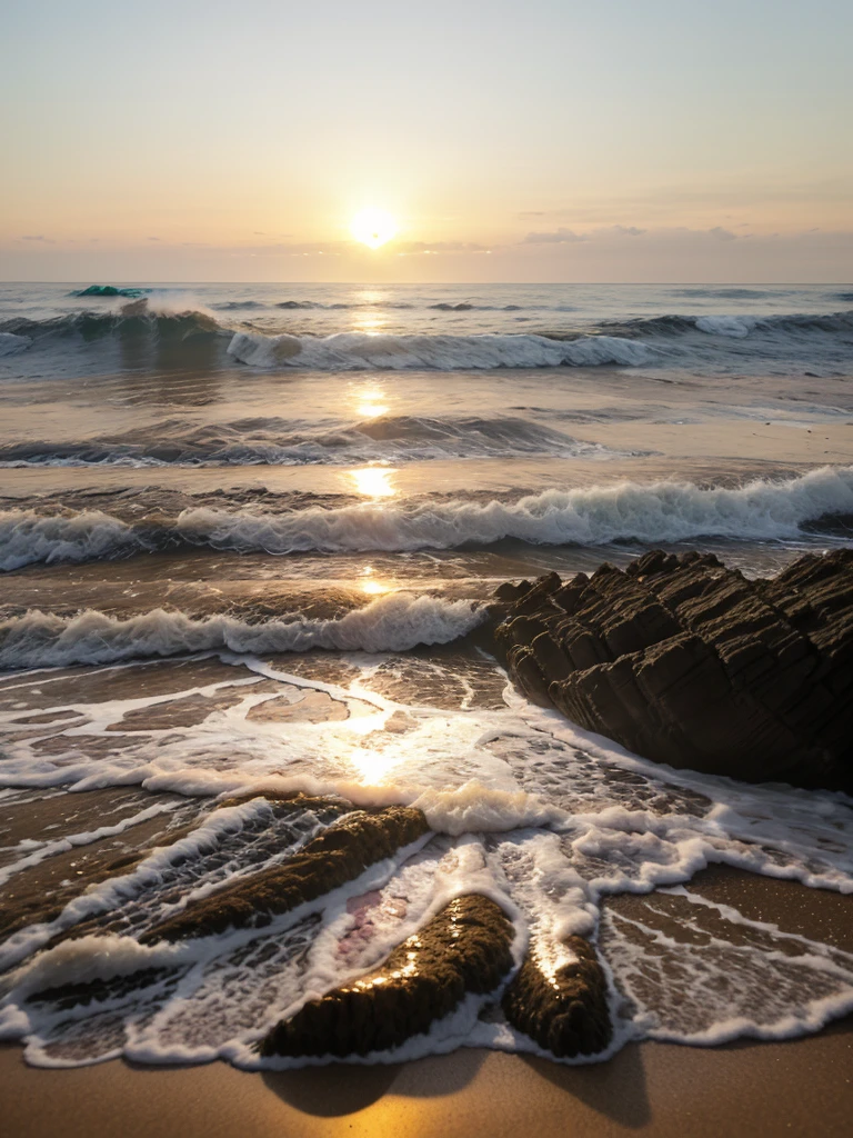 Sunrise on beach with waves on sea and forest behind