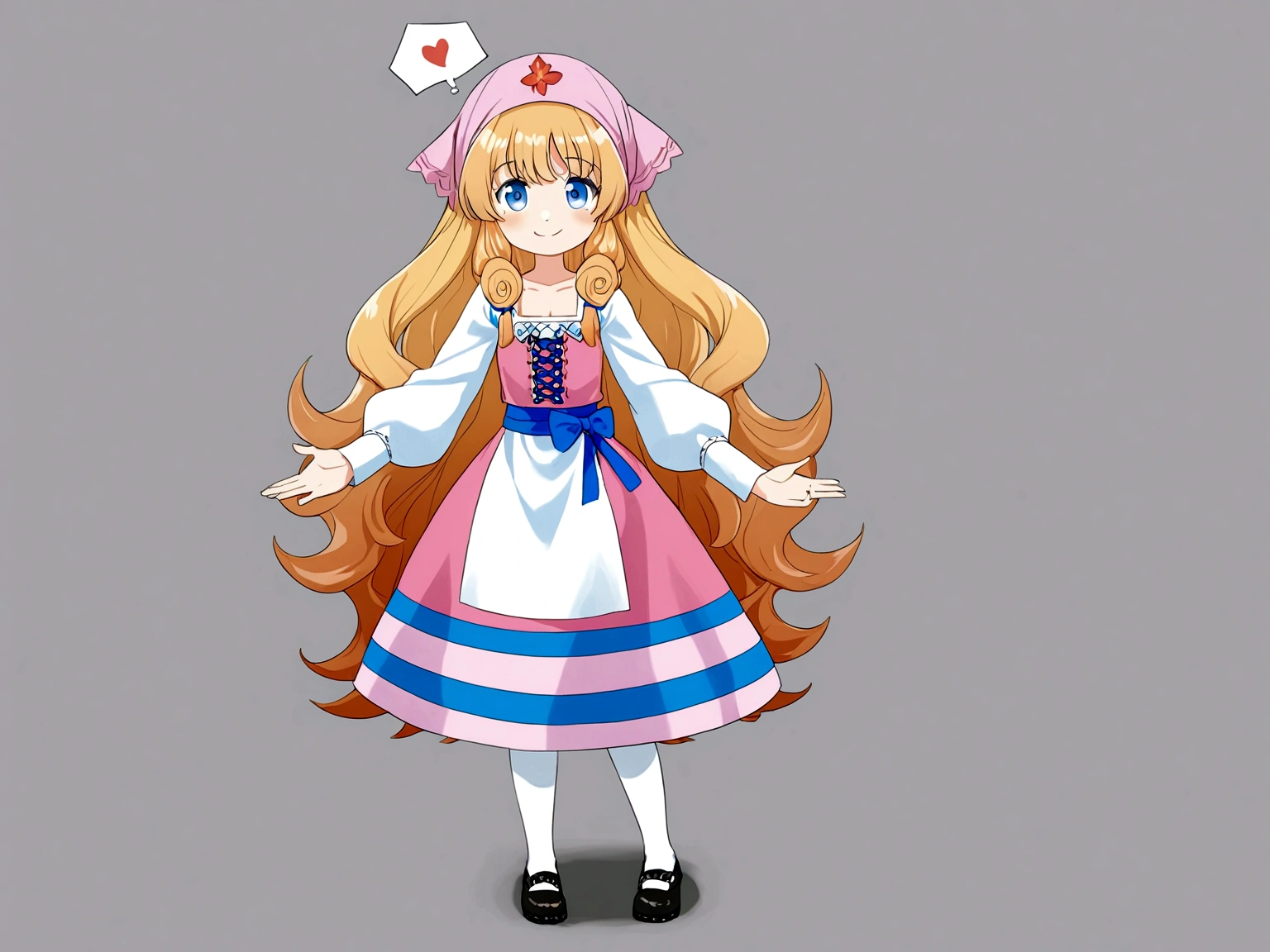 golden orange hair, gradient hair, very long hair, swept bangs, sidelocks, curly hair, wavy hair, (((((head scarf))))), head bandana, pink apron, flower in hair, marigold, orange flower, blue eyes, dirndl, pink dress, pink dirndl, long sleeves, waist apron, white apron, bow on waist, blue bow, , polish clothing, Slavic clothing, Hungarian clothing, anime, cute, full body, white leggings, black shoes, flat chest,, smile, sun, sunshine