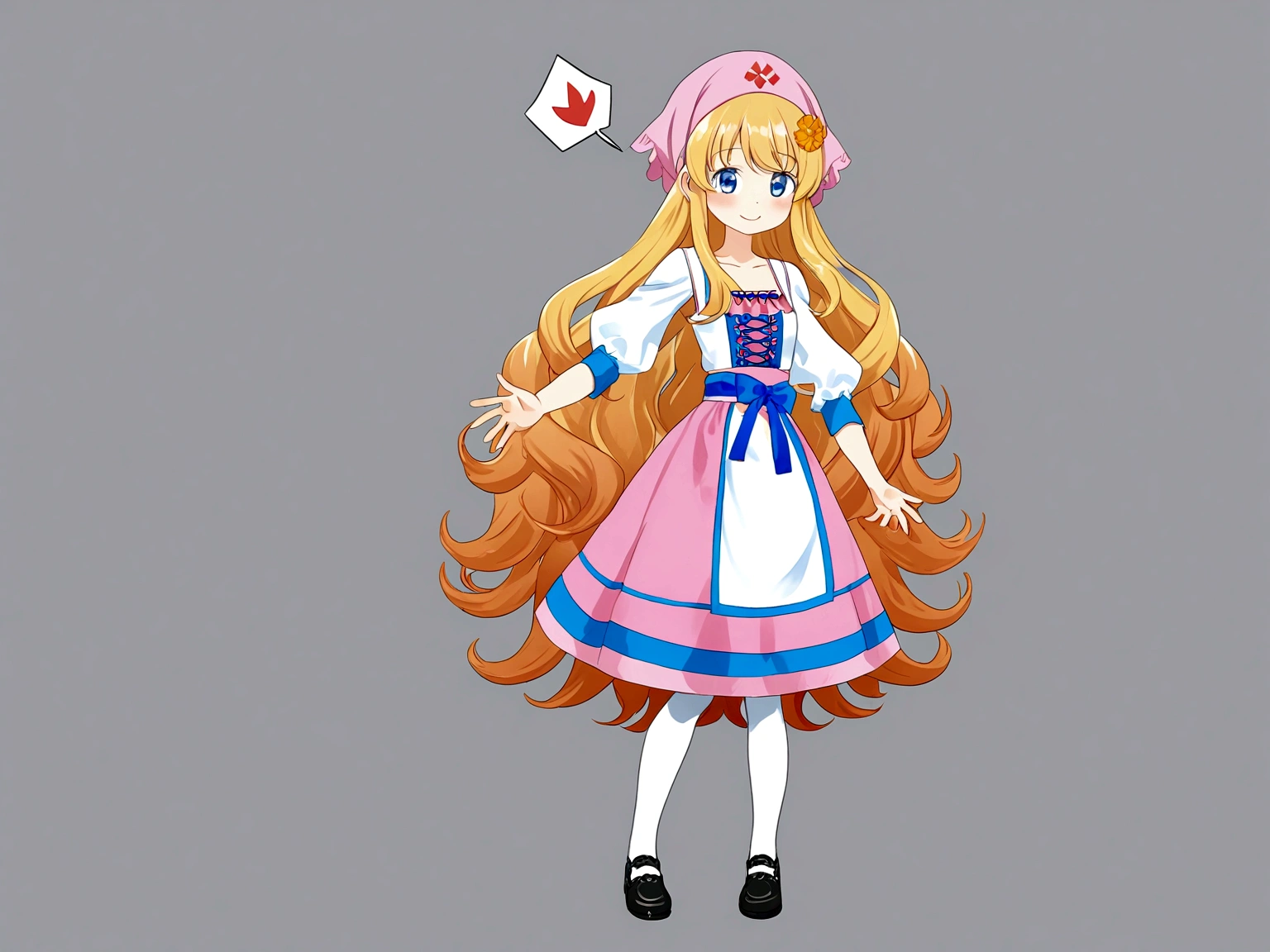 golden orange hair, gradient hair, very long hair, swept bangs, sidelocks, curly hair, wavy hair, (((((head scarf))))), head bandana, pink apron, flower in hair, marigold, orange flower, blue eyes, dirndl, pink dress, pink dirndl, long sleeves, waist apron, white apron, bow on waist, blue bow, , polish clothing, Slavic clothing, Hungarian clothing, anime, cute, full body, white leggings, black shoes, flat chest,, smile, sun, sunshine