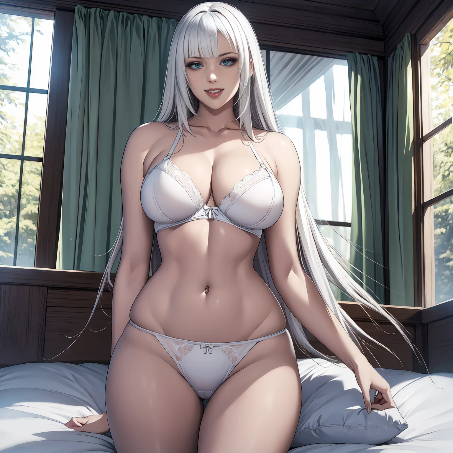 yuki, ((long white hair, bangs, glowing green eyes, makeup, narrow waist, skinny, medium breasts)), pelvic curtain, ((white panties, white bra)), full body, perfect body, (insanely detailed, beautiful detailed face, masterpiece, best quality) , (((solo))), (((1girl))), (((mature))), (extremely detailed 8k paper CG wall unit: 1.1), (bed, bedroom, snow house), (smile face for the viewer), ass