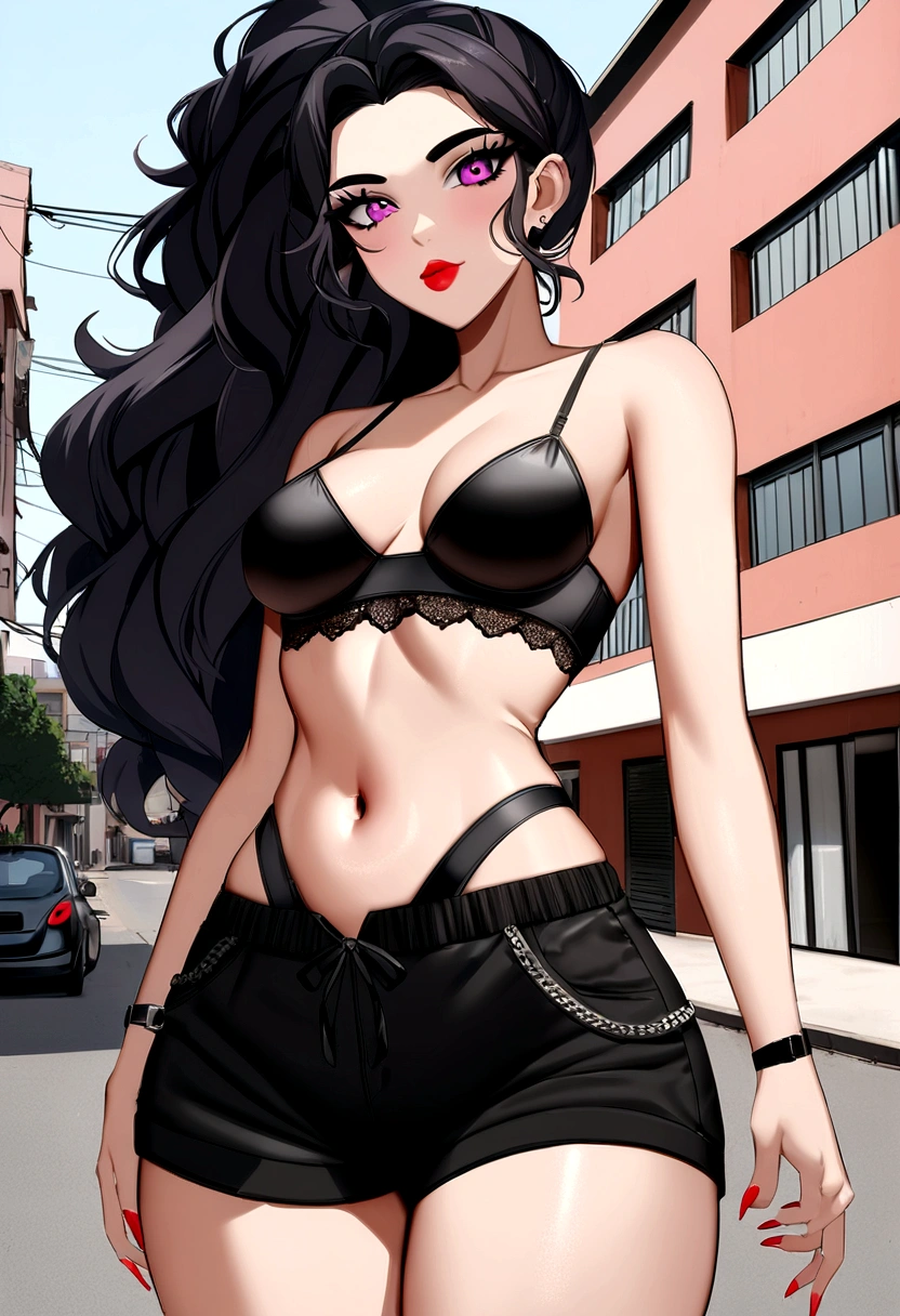 Araffe woman in black lingerie posing near a building, bra and shorts in streetwear, Violet Myers, young lady, sexy girl, 30 year old woman from Cuba., 18 years, sexy black shorts, Looks like Fabiula Nascimento, her navel is exposed, Instagram model, 16 years, seductive lady