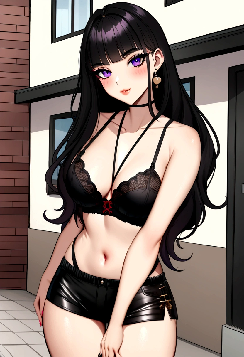 Araffe woman in black lingerie posing near a building, bra and shorts in streetwear, Violet Myers, young lady, sexy girl, 30 year old woman from Cuba., 18 years, sexy black shorts, Looks like Fabiula Nascimento, her navel is exposed, Instagram model, 16 years, seductive lady