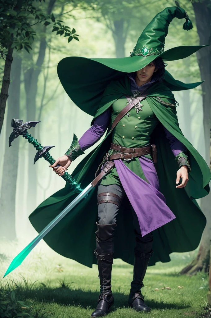 Create a full-body man wearing a green witch outfit with a large green witch hat and holding a purple mythical sword