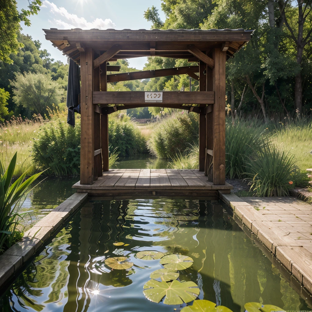 wallpaper, summer pond, pond, wooden bridge, afternoon sun, pond background, depth of field, hot weather, hd detail, wet watermark, hyperdetail, film, surrealism, soft light, deep field focus bokeh, ray tracing, diffuse (ultra-fine glass reflection) and surrealism. --v6