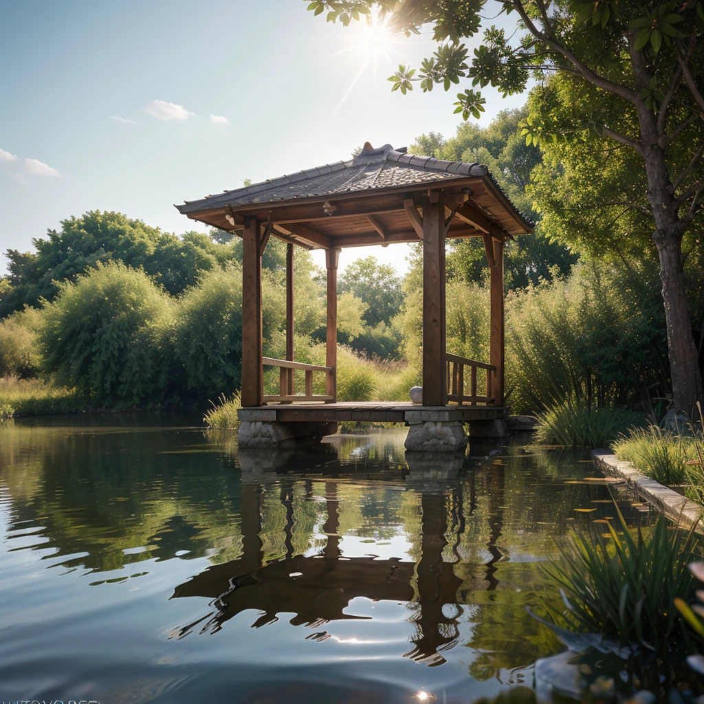 wallpaper, summer pond, pond, wooden bridge, afternoon sun, pond background, depth of field, hot weather, hd detail, wet watermark, hyperdetail, film, surrealism, soft light, deep field focus bokeh, ray tracing, diffuse (ultra-fine glass reflection) and surrealism. --v6